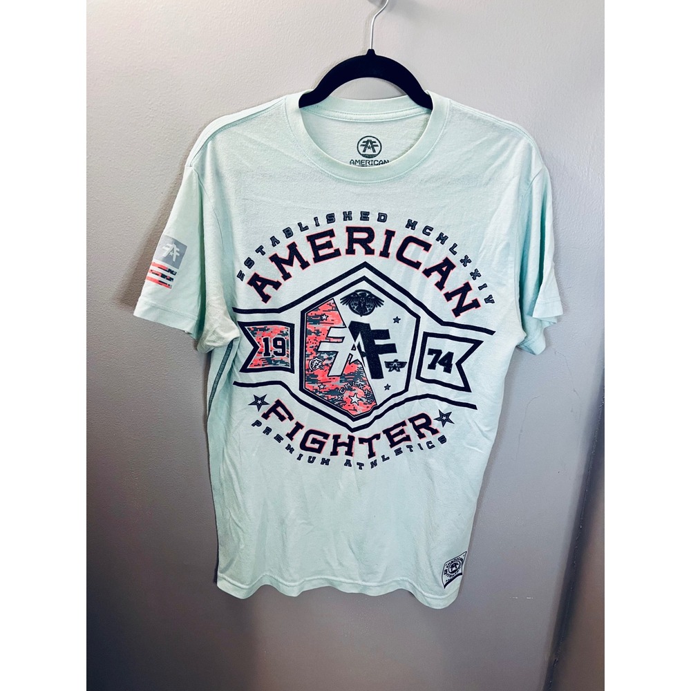 MMA UFC American Fighter Buckle Mens Large Graphic T-Shirt Mint Green Premium